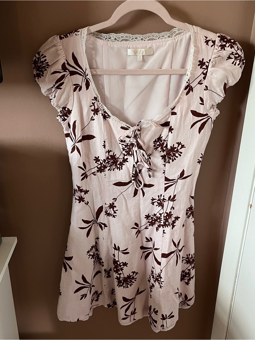 Wayf Pale Pink Floral Tie-Front Linen Blend Cap Sleeve Lace Trim Mini Dress